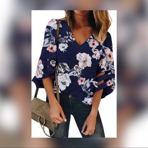 🆕 Blue 3/4 Flared Sleeve Floral Blouse
